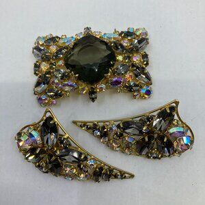 Vtg 1960 ALICE CAVINESS ? crystal rhinestone chunky earrings brooch set